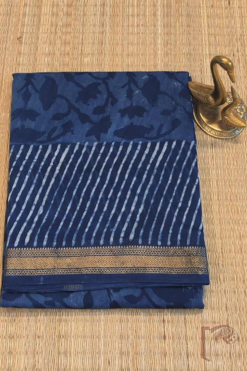 Chanderi Charisma – Indigo Blue Chanderi Silk Saree with White and Deep Blue Floral Stem Motifs and Striped Pallu - Image 2