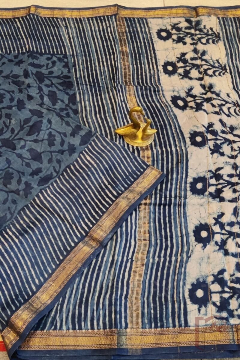 Chanderi Charisma – Indigo Blue Chanderi Silk Saree with White and Deep Blue Floral Stem Motifs and Striped Pallu - Image 3