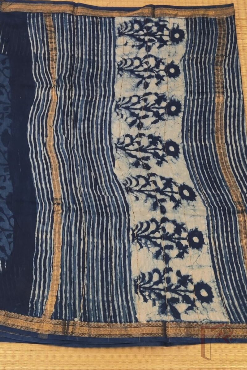 Chanderi Charisma – Indigo Blue Chanderi Silk Saree with White and Deep Blue Floral Stem Motifs and Striped Pallu - Image 5