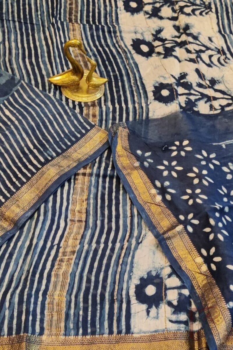 Chanderi Charisma – Indigo Blue Chanderi Silk Saree with White and Deep Blue Floral Stem Motifs and Striped Pallu - Image 6