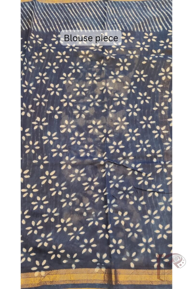 Chanderi Charisma – Indigo Blue Chanderi Silk Saree with White and Deep Blue Floral Stem Motifs and Striped Pallu - Image 7