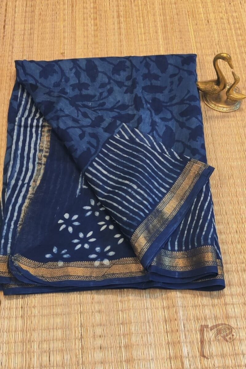 Chanderi Charisma – Indigo Blue Chanderi Silk Saree with White and Deep Blue Floral Stem Motifs and Striped Pallu