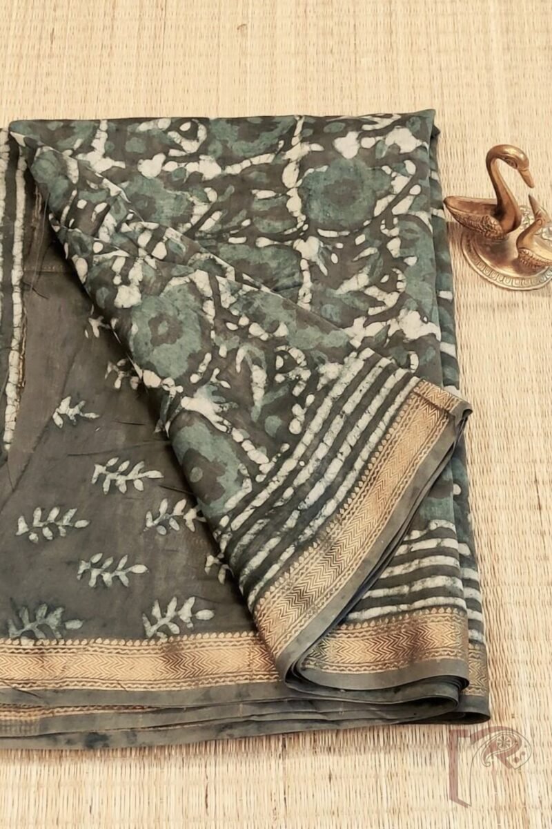 Chanderi Charisma – Sage Green and Dark Green Chanderi Silk Saree with Bold Floral Motifs and Gold-Striped Pallu