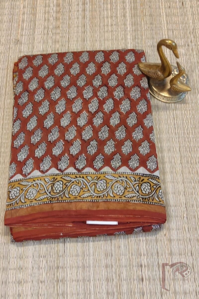Chanderi Charisma - Rust Chanderi Silk Saree with Black Floral Motifs, Mustard Leaf Border and Cream Abstract Blouse - Image 2