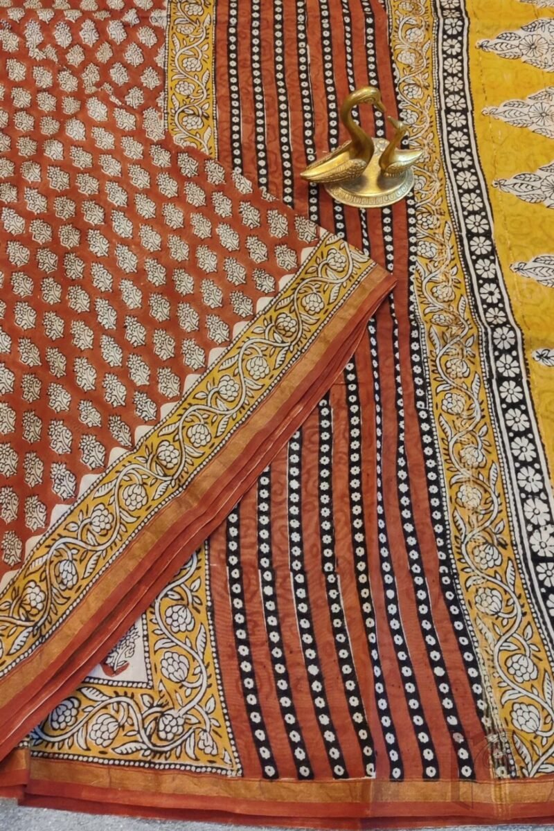 Chanderi Charisma - Rust Chanderi Silk Saree with Black Floral Motifs, Mustard Leaf Border and Cream Abstract Blouse - Image 4