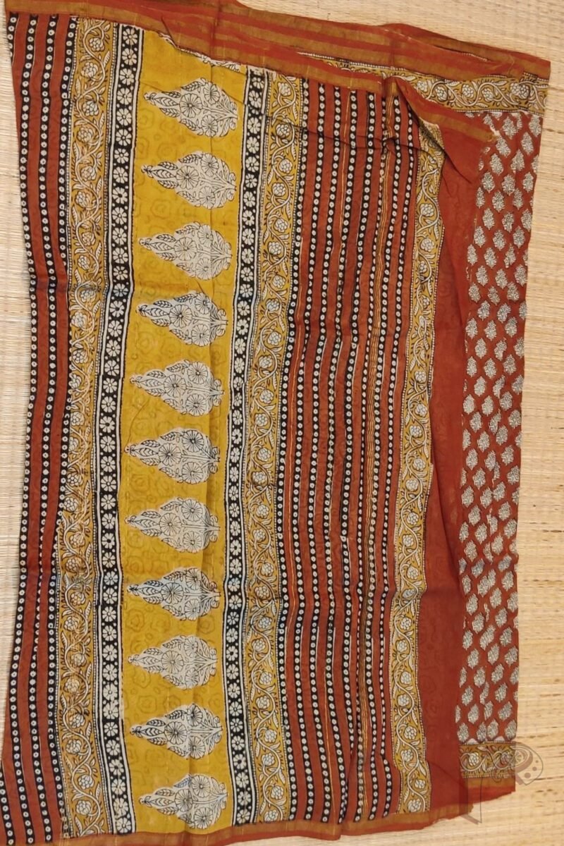 Chanderi Charisma - Rust Chanderi Silk Saree with Black Floral Motifs, Mustard Leaf Border and Cream Abstract Blouse - Image 5