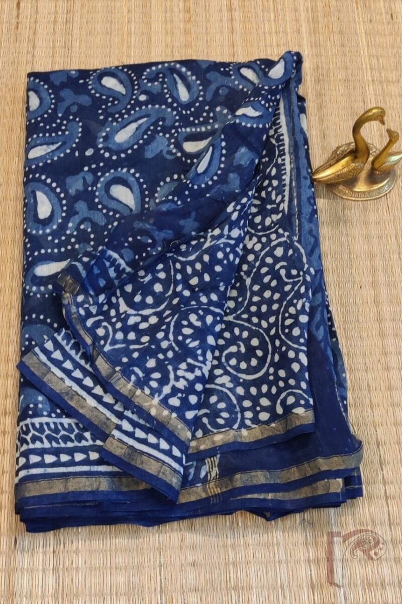 Chanderi Charisma – Indigo Chanderi Silk Saree with White and Blue Mango Motifs, Floral Pallu, and Circular Leaf Print Blouse