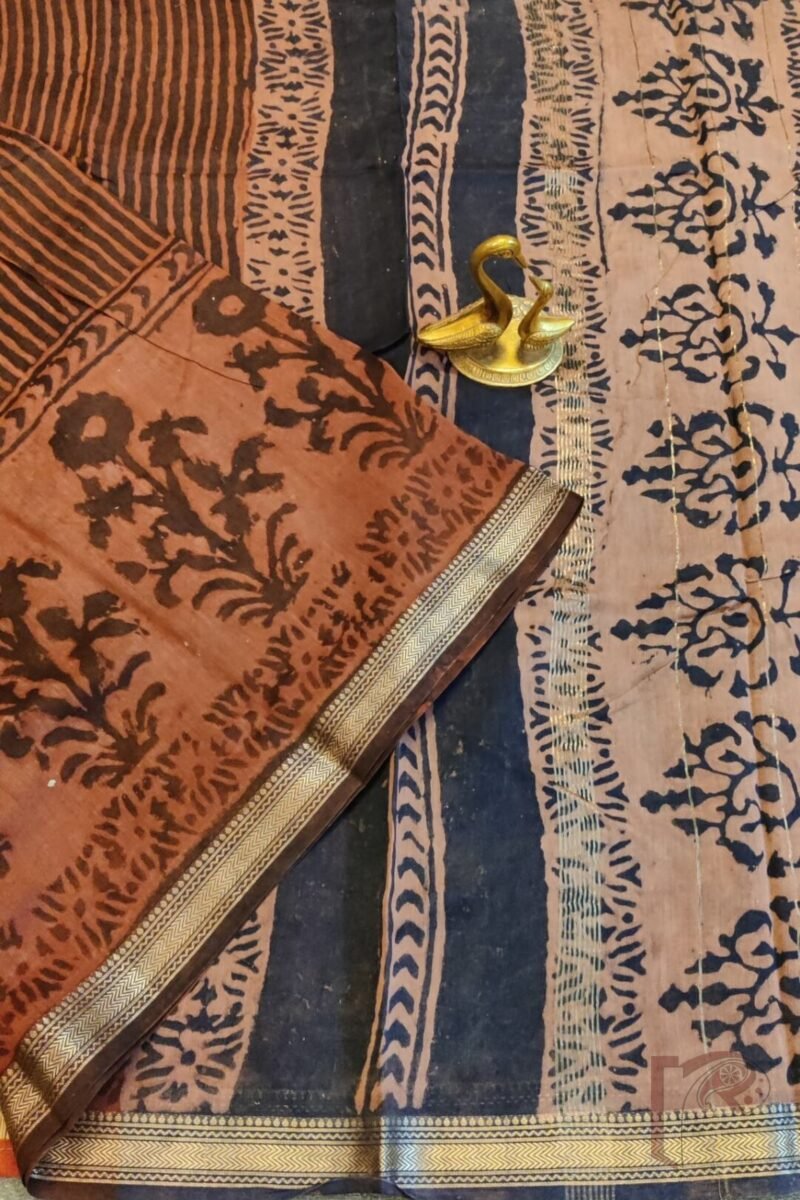 Chanderi Charisma - Rust and Dark Blue Chanderi Silk Saree with Striped Upper Body, Floral Lower Border, and Thread Zari - Image 3