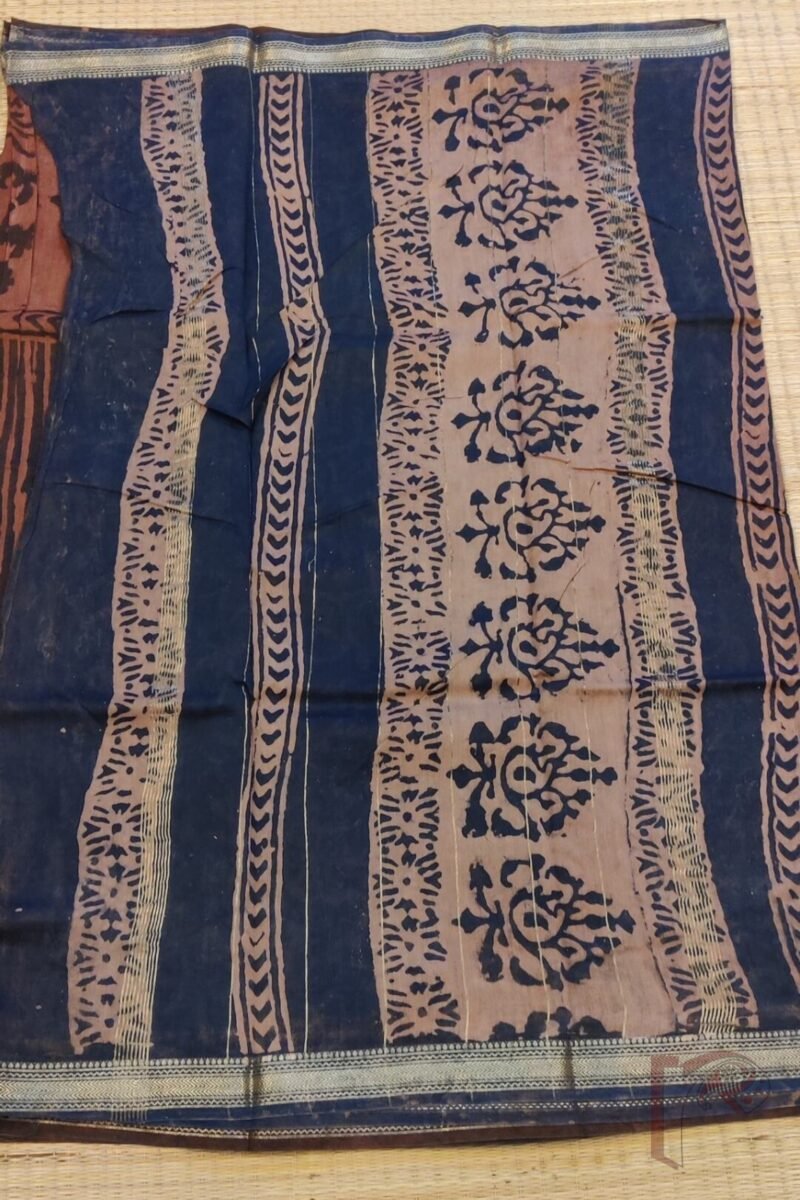 Chanderi Charisma - Rust and Dark Blue Chanderi Silk Saree with Striped Upper Body, Floral Lower Border, and Thread Zari - Image 5