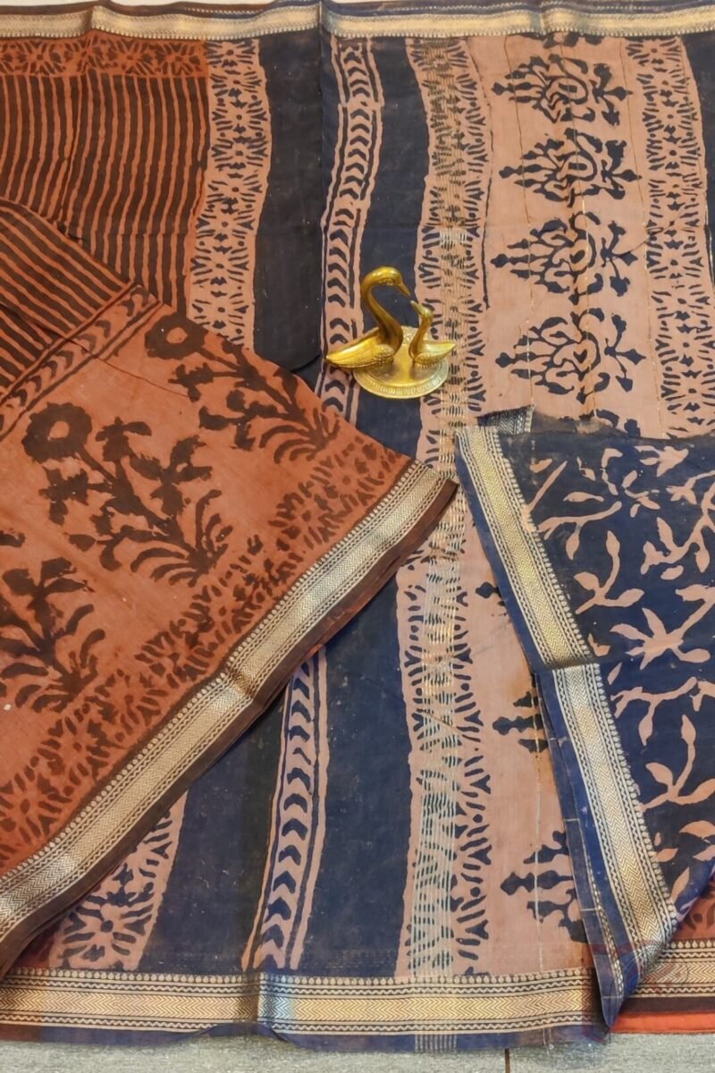 Chanderi Charisma - Rust and Dark Blue Chanderi Silk Saree with Striped Upper Body, Floral Lower Border, and Thread Zari - Image 6