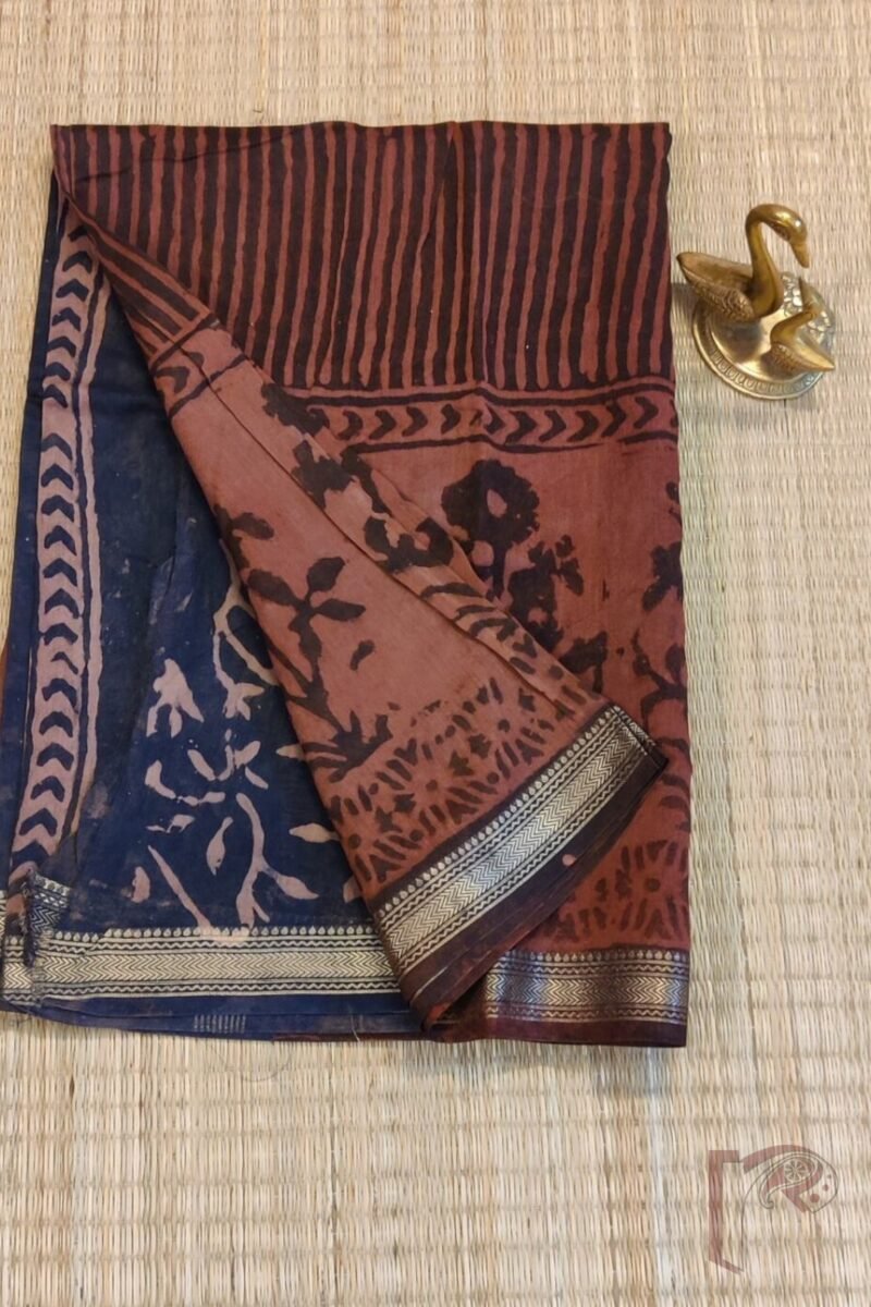 Chanderi Charisma - Rust and Dark Blue Chanderi Silk Saree with Striped Upper Body, Floral Lower Border, and Thread Zari
