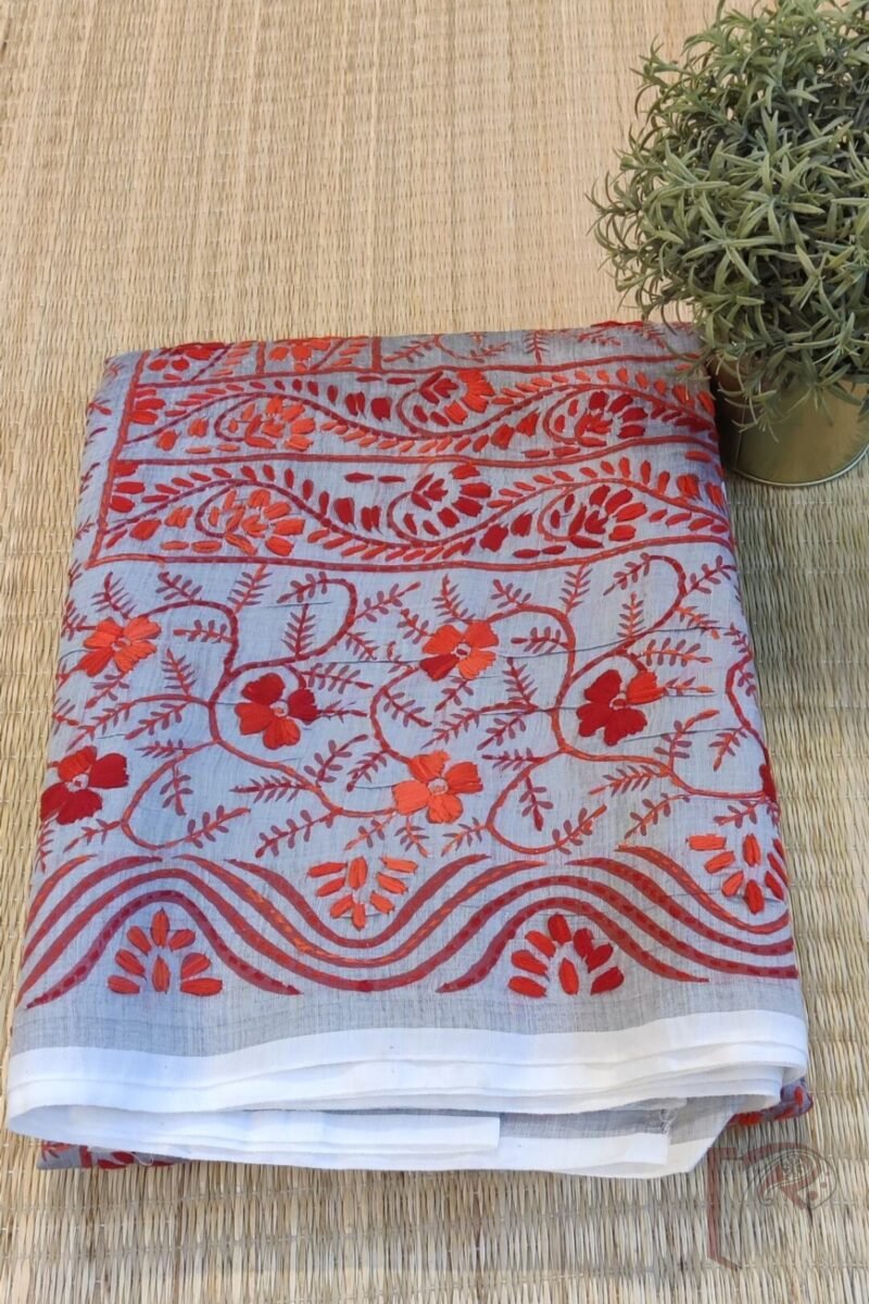 Chanderi Charisma – Grey Chanderi Silk Saree with Red and Coral Hand Embroidery on Block Printed Floral Motifs - Image 2