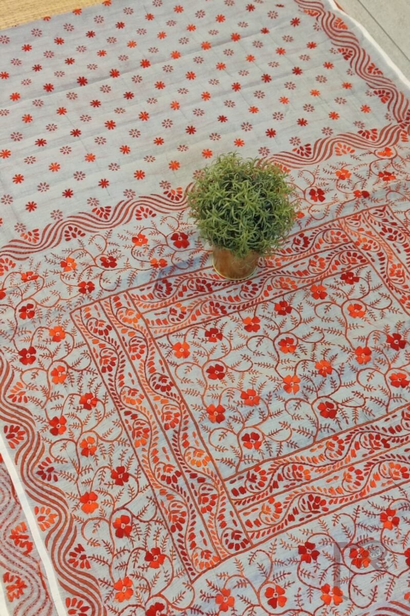 Chanderi Charisma – Grey Chanderi Silk Saree with Red and Coral Hand Embroidery on Block Printed Floral Motifs - Image 4