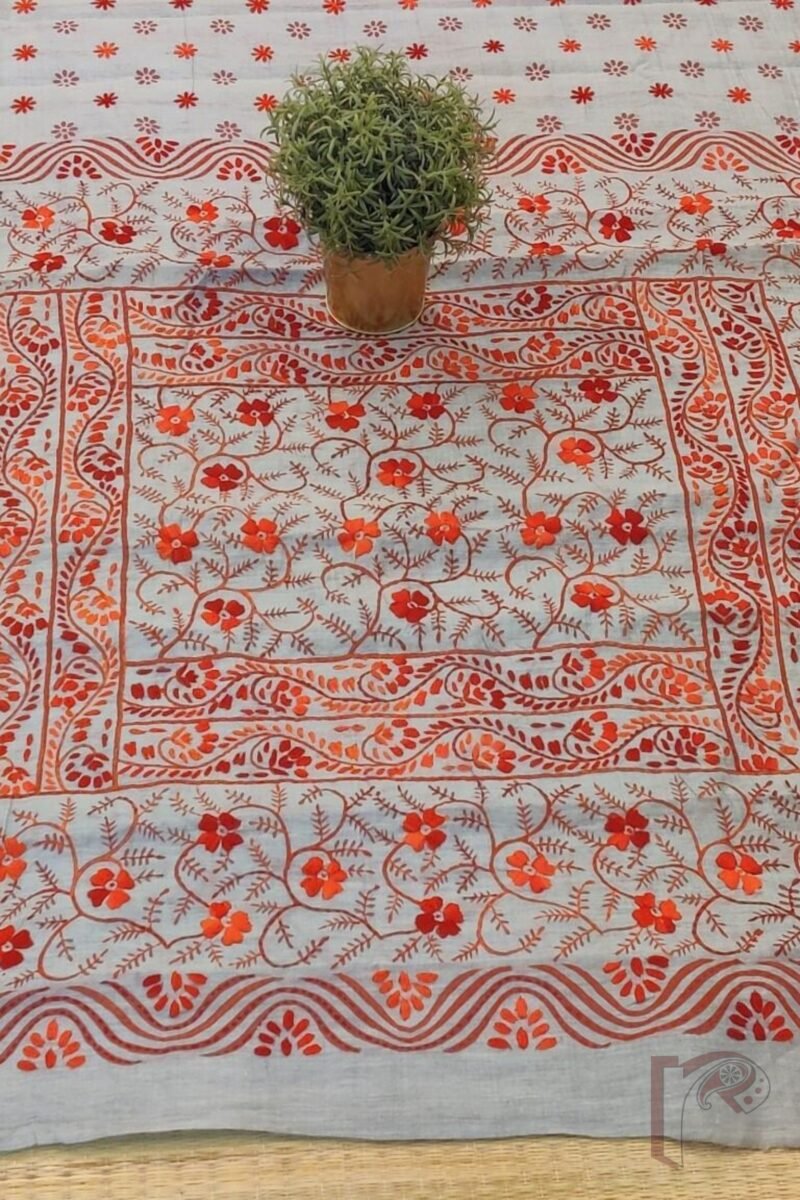 Chanderi Charisma – Grey Chanderi Silk Saree with Red and Coral Hand Embroidery on Block Printed Floral Motifs - Image 7