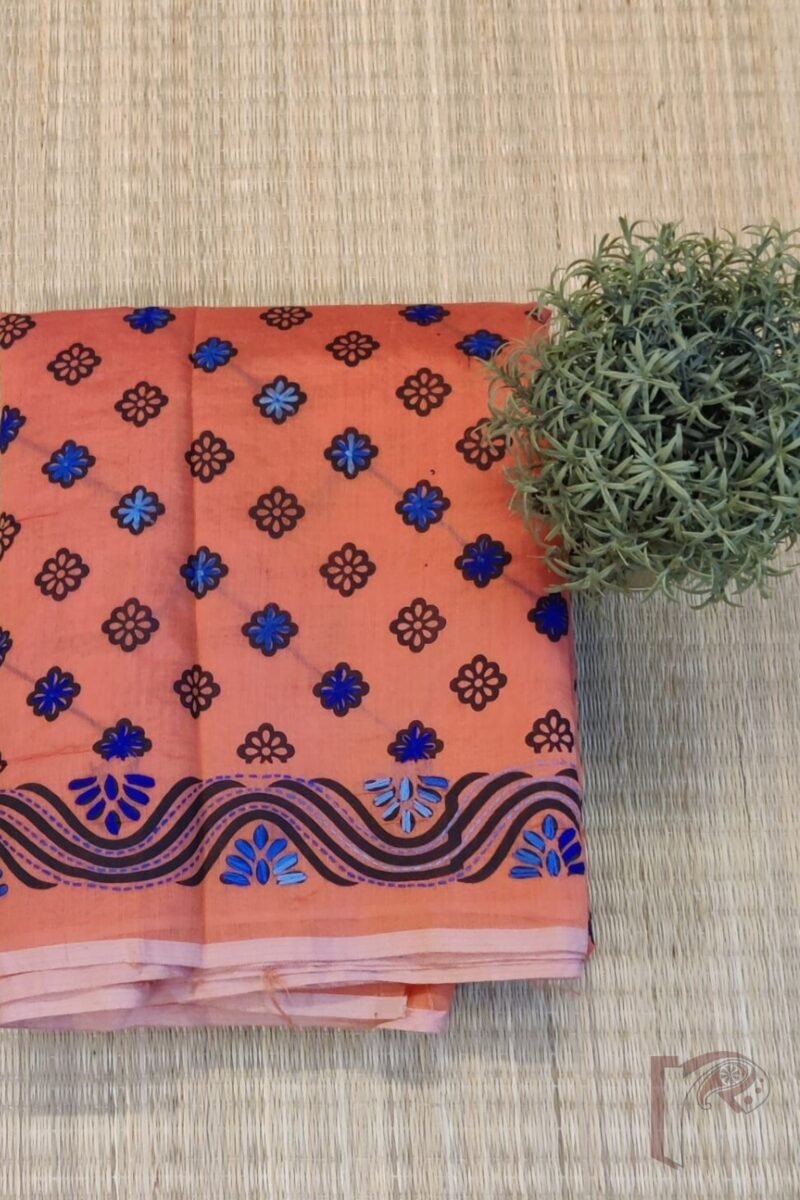 Chanderi Charisma – Coral Chanderi Silk Saree with Blue Hand Embroidered Floral Diagonals and Ornate Pallu - Image 2