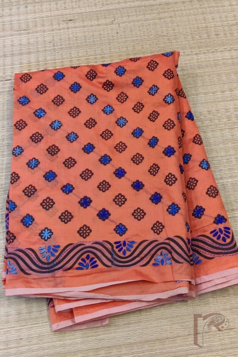 Chanderi Charisma – Coral Chanderi Silk Saree with Blue Hand Embroidered Floral Diagonals and Ornate Pallu - Image 3