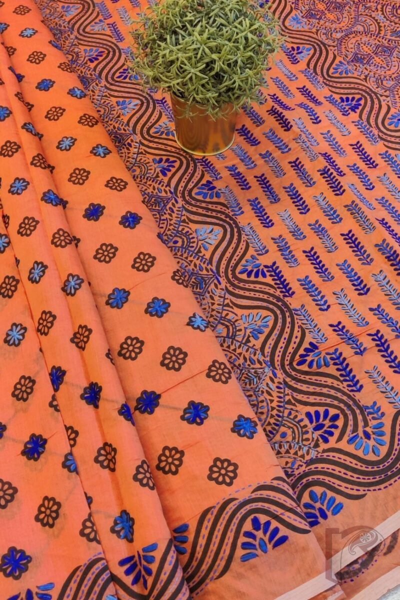 Chanderi Charisma – Coral Chanderi Silk Saree with Blue Hand Embroidered Floral Diagonals and Ornate Pallu - Image 5