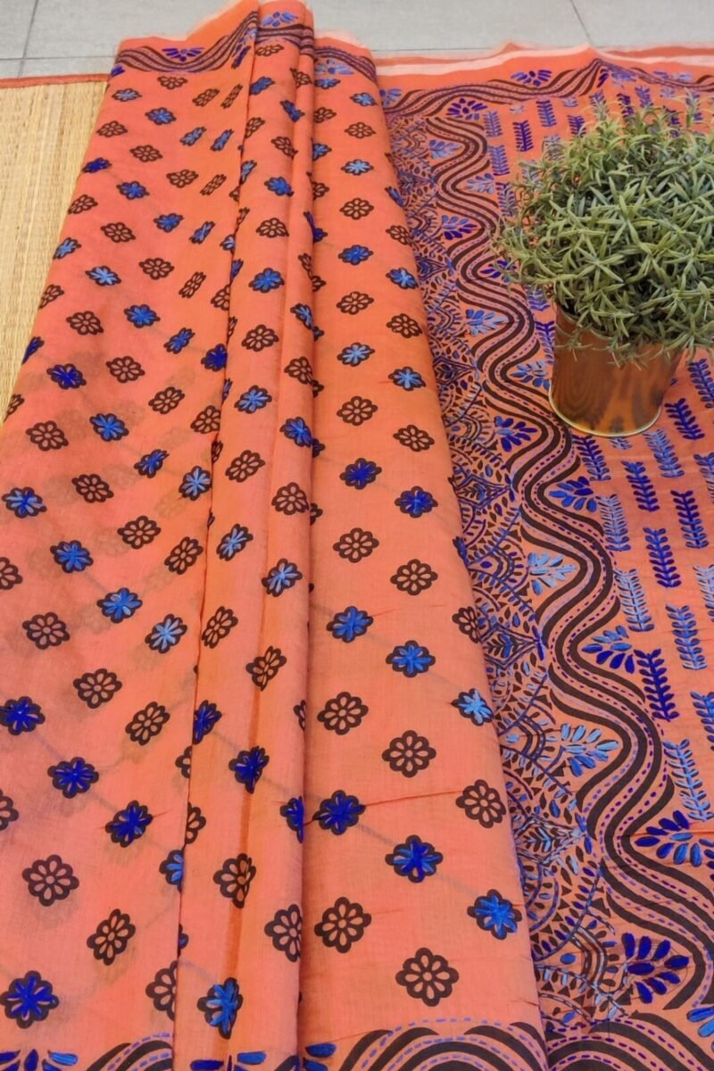 Chanderi Charisma – Coral Chanderi Silk Saree with Blue Hand Embroidered Floral Diagonals and Ornate Pallu - Image 6