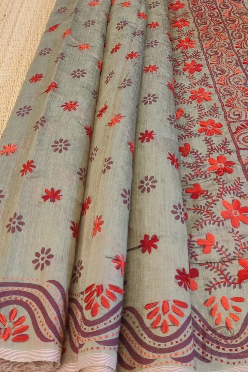 Chanderi Charisma – Snuff Grey Chanderi Silk Saree with Red and Orange Floral Embroidery on Diagonal Motifs - Image 6