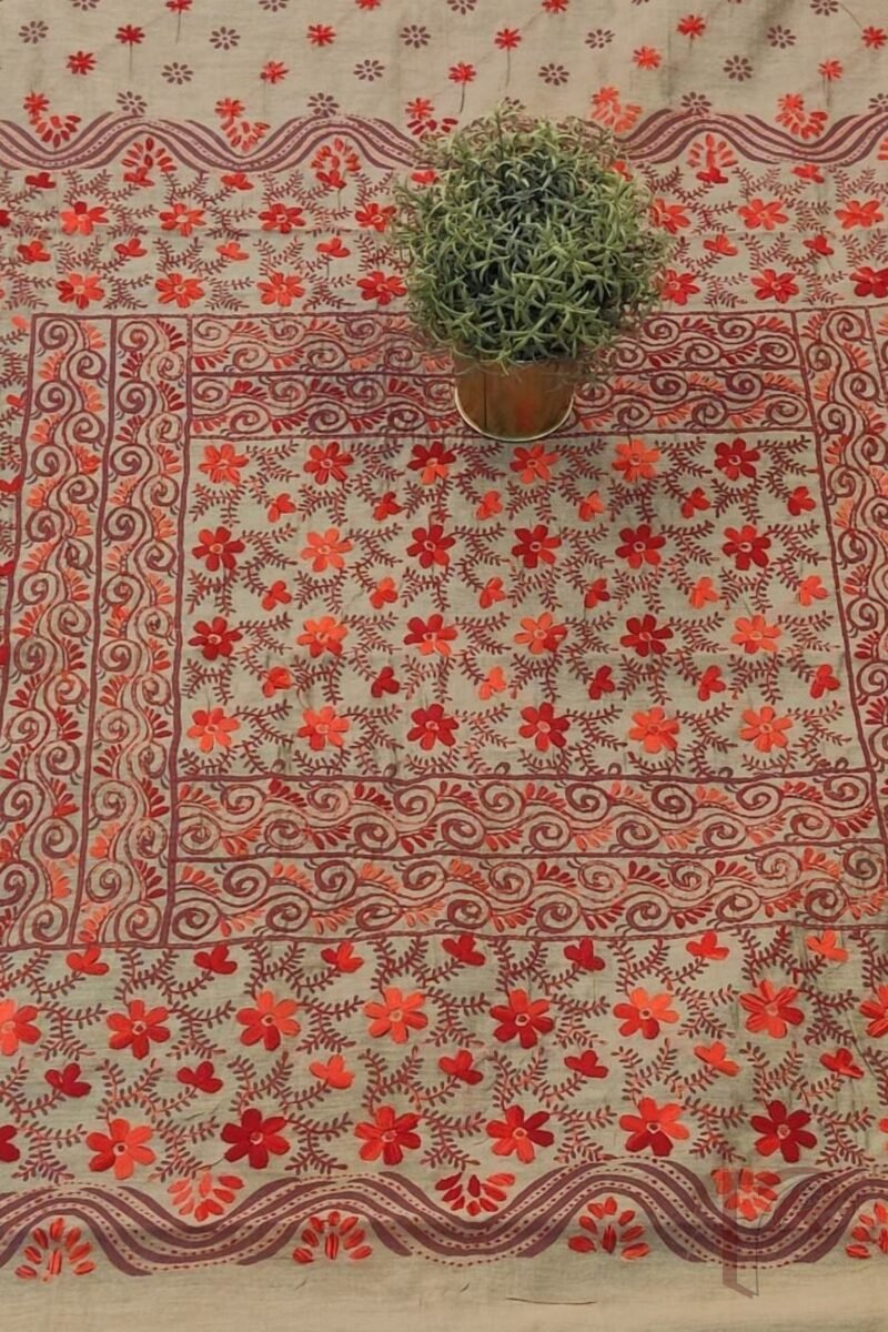 Chanderi Charisma – Snuff Grey Chanderi Silk Saree with Red and Orange Floral Embroidery on Diagonal Motifs - Image 7