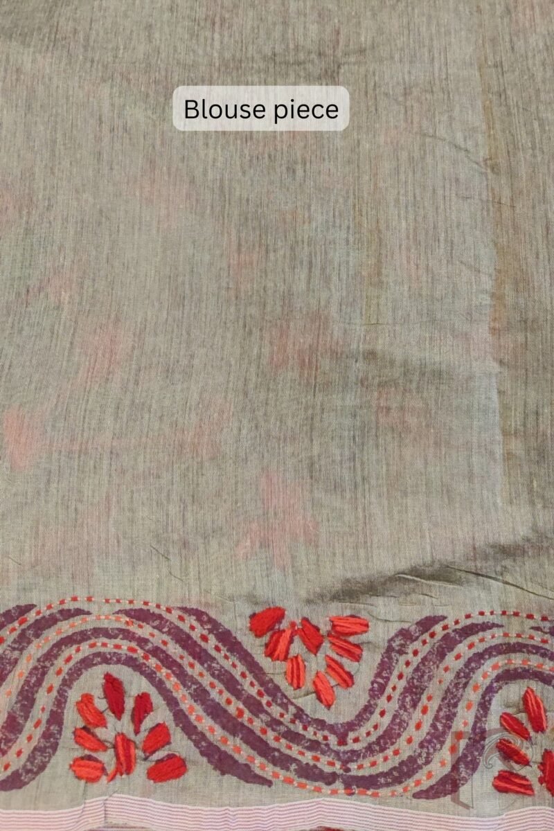 Chanderi Charisma – Snuff Grey Chanderi Silk Saree with Red and Orange Floral Embroidery on Diagonal Motifs - Image 8