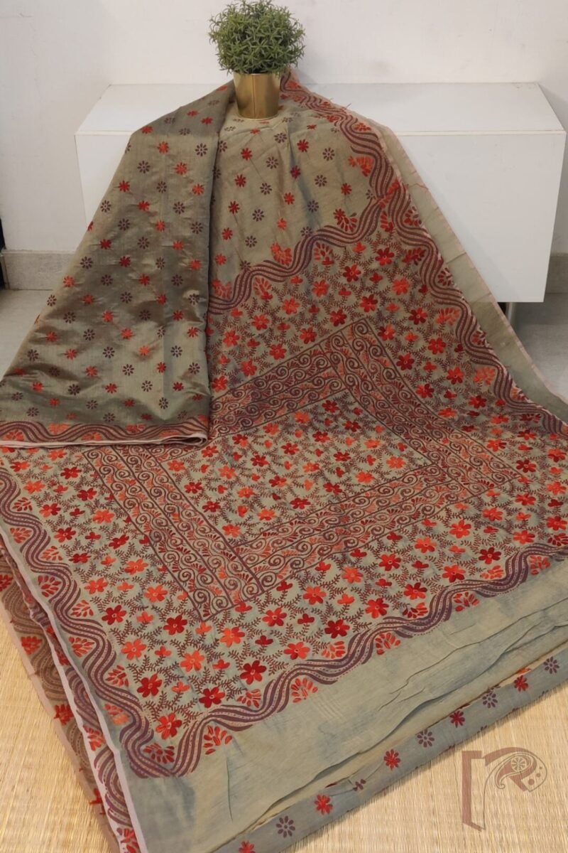 Chanderi Charisma – Snuff Grey Chanderi Silk Saree with Red and Orange Floral Embroidery on Diagonal Motifs