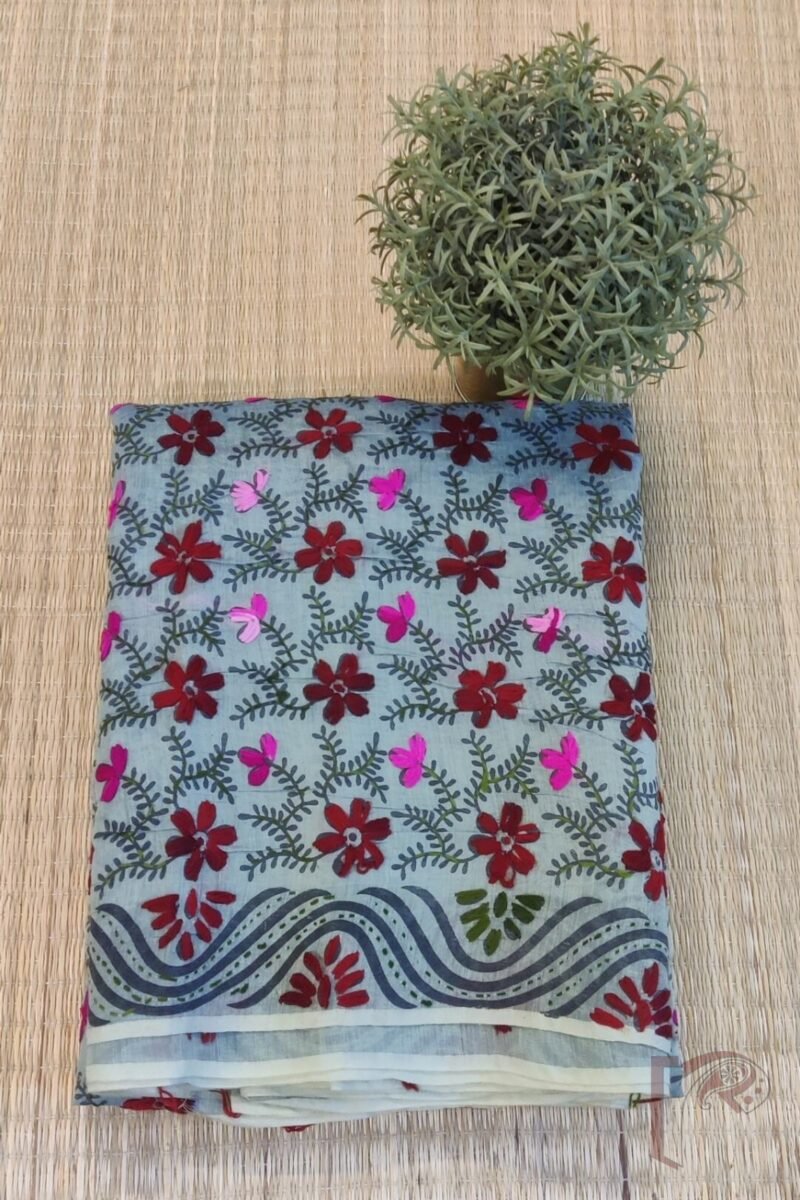 Chanderi Charisma – Moss Green Chanderi Silk Saree with Maroon, Pink and Green Embroidered Floral Diagonal Lines - Image 2