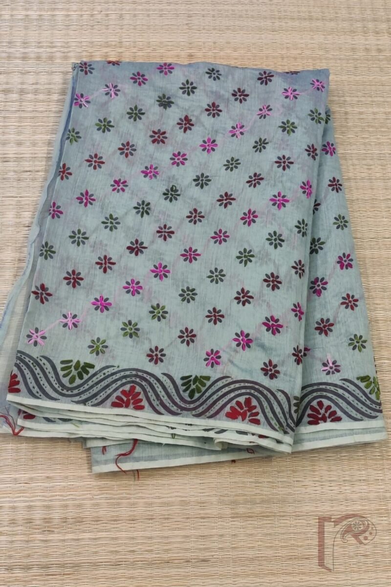 Chanderi Charisma – Moss Green Chanderi Silk Saree with Maroon, Pink and Green Embroidered Floral Diagonal Lines - Image 3