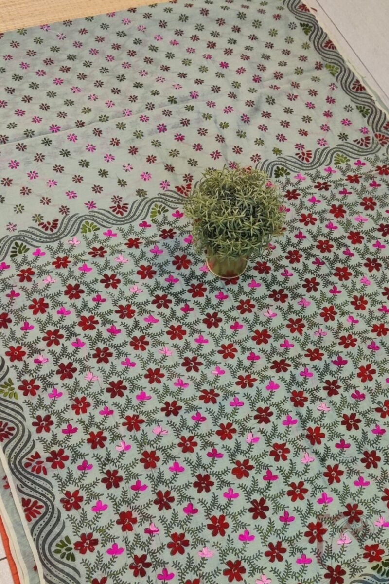 Chanderi Charisma – Moss Green Chanderi Silk Saree with Maroon, Pink and Green Embroidered Floral Diagonal Lines - Image 4