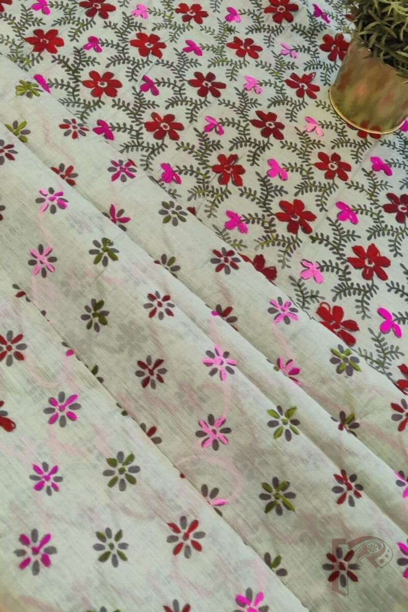Chanderi Charisma – Moss Green Chanderi Silk Saree with Maroon, Pink and Green Embroidered Floral Diagonal Lines - Image 5