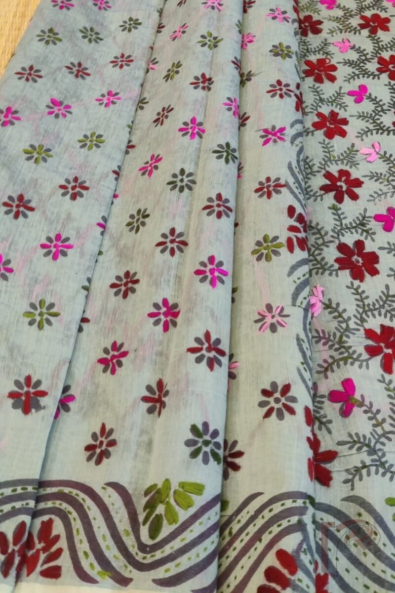 Chanderi Charisma – Moss Green Chanderi Silk Saree with Maroon, Pink and Green Embroidered Floral Diagonal Lines - Image 6