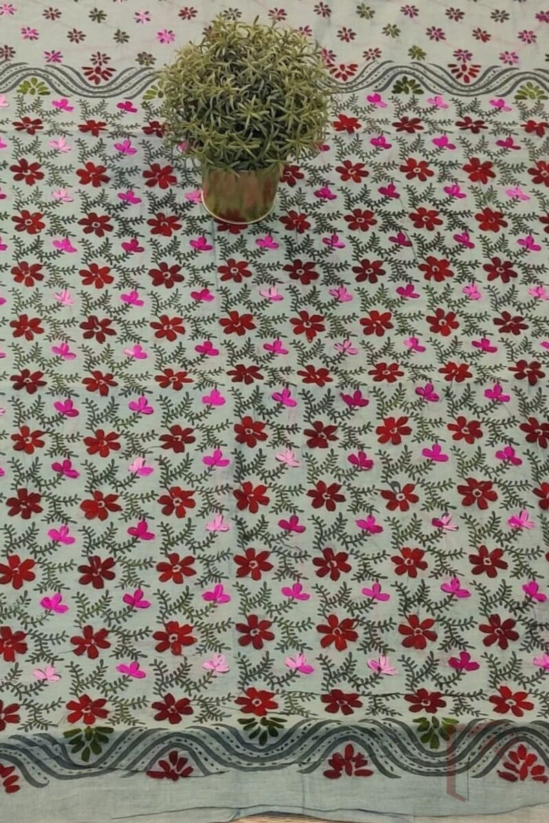 Chanderi Charisma – Moss Green Chanderi Silk Saree with Maroon, Pink and Green Embroidered Floral Diagonal Lines - Image 7