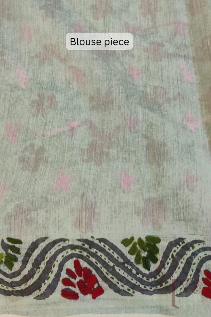 Chanderi Charisma – Moss Green Chanderi Silk Saree with Maroon, Pink and Green Embroidered Floral Diagonal Lines - Image 8