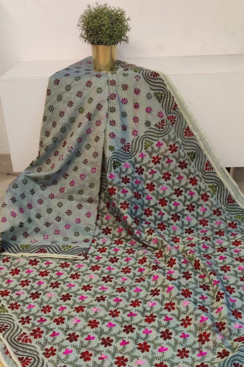 Chanderi Charisma – Moss Green Chanderi Silk Saree with Maroon, Pink and Green Embroidered Floral Diagonal Lines