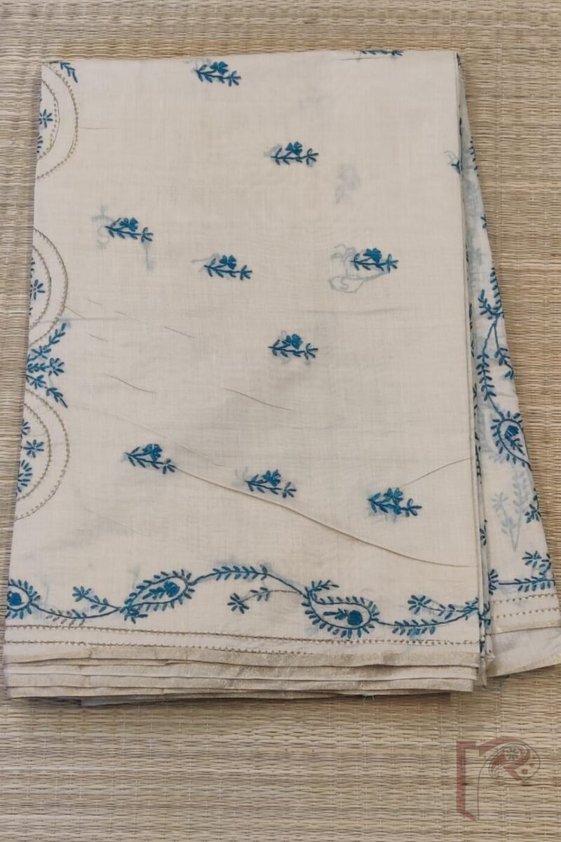 Chanderi Charisma – Cream Chanderi Silk Saree with Sea Green and Cream Kantha Embroidered Mango and Floral Motifs - Image 3
