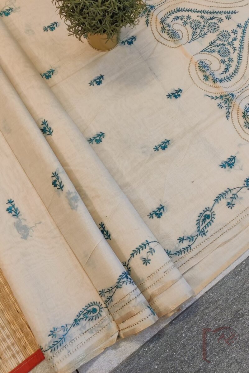 Chanderi Charisma – Cream Chanderi Silk Saree with Sea Green and Cream Kantha Embroidered Mango and Floral Motifs - Image 5
