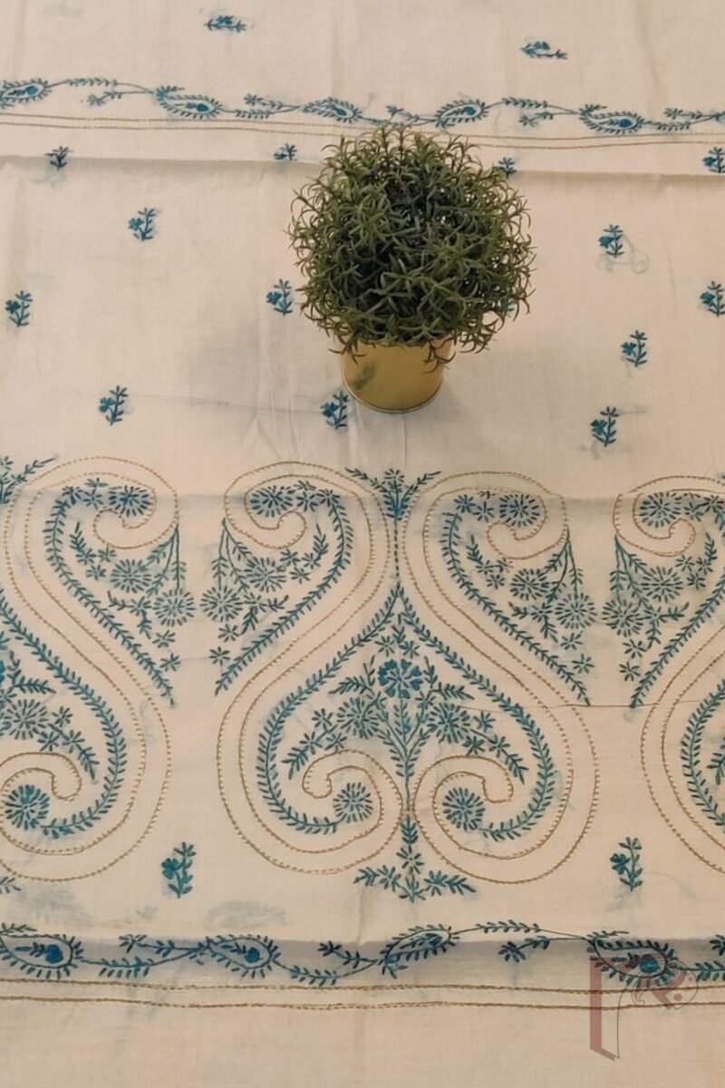 Chanderi Charisma – Cream Chanderi Silk Saree with Sea Green and Cream Kantha Embroidered Mango and Floral Motifs - Image 7