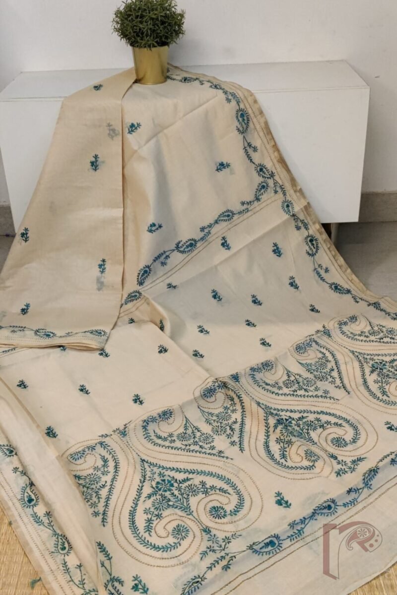 Chanderi Charisma – Cream Chanderi Silk Saree with Sea Green and Cream Kantha Embroidered Mango and Floral Motifs