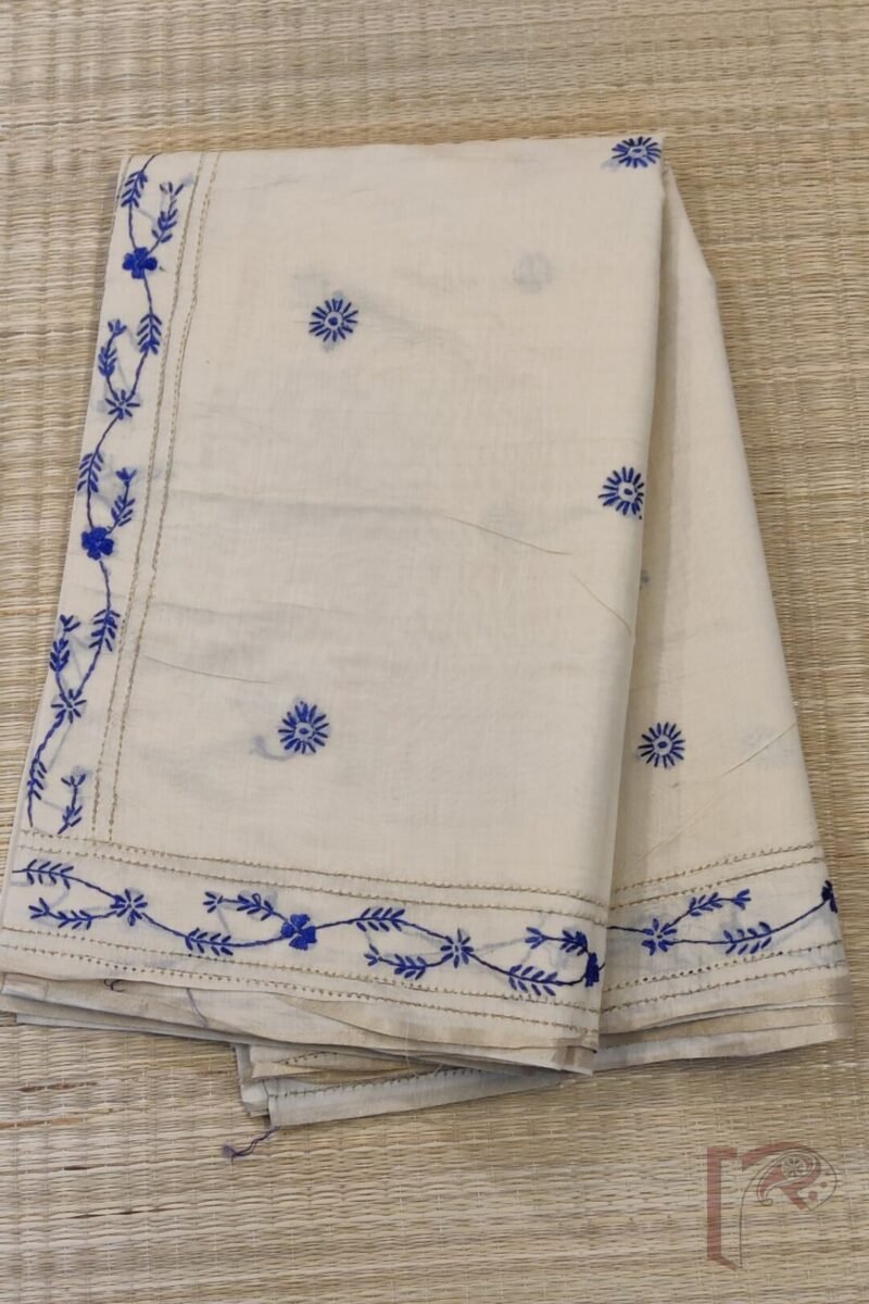 Chanderi Charisma – Cream Chanderi Silk Saree with Blue Kantha Embroidery and Perforated Floral Mango Design - Image 3