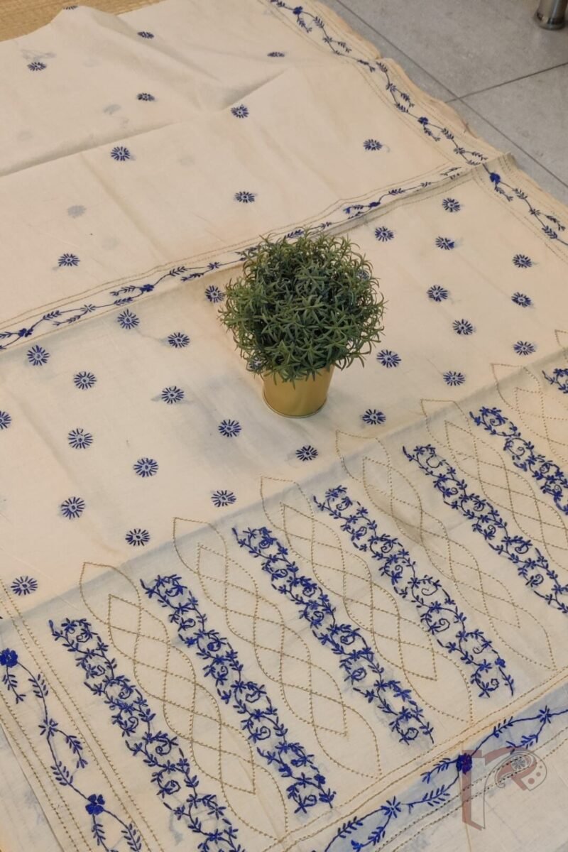 Chanderi Charisma – Cream Chanderi Silk Saree with Blue Kantha Embroidery and Perforated Floral Mango Design - Image 4