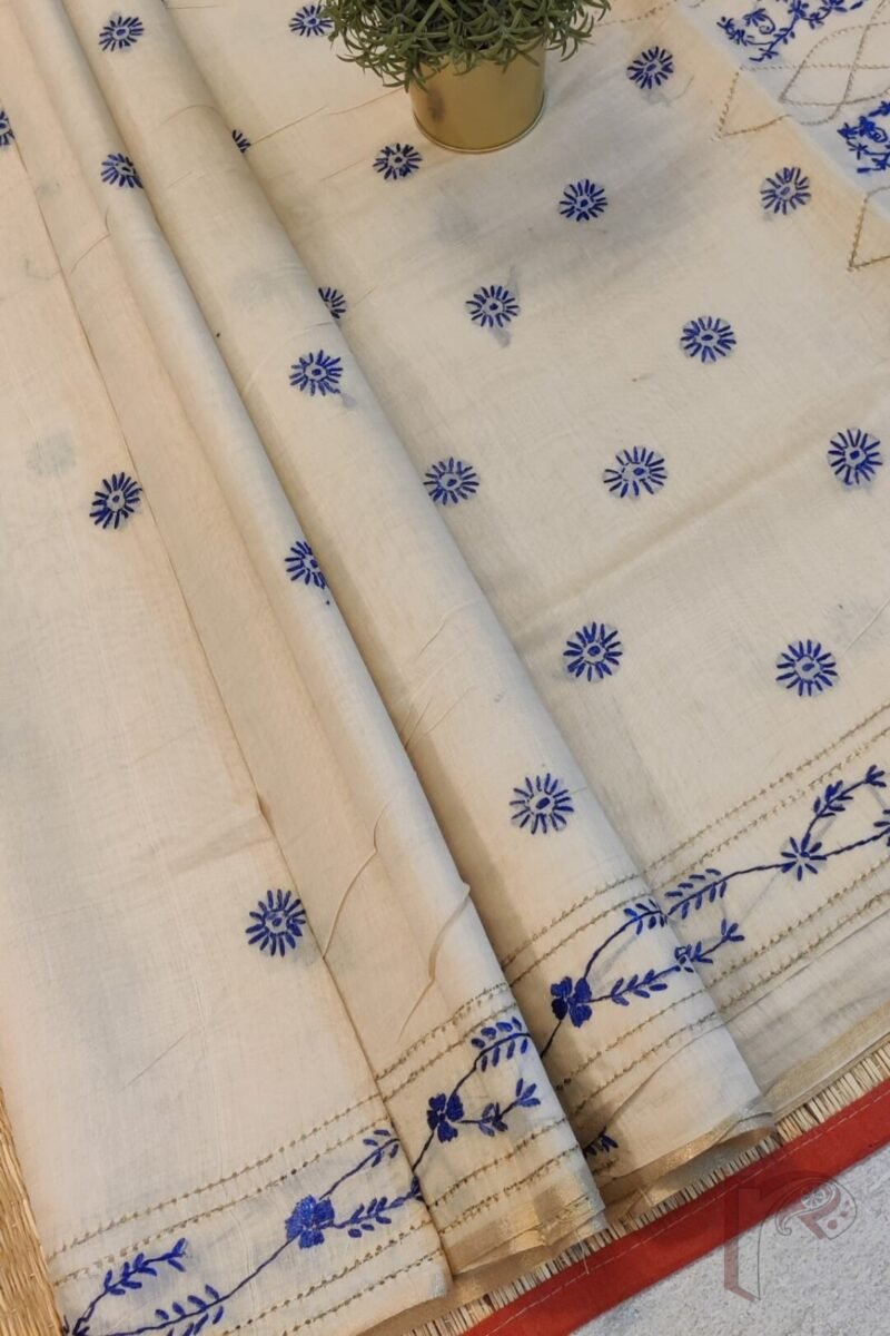 Chanderi Charisma – Cream Chanderi Silk Saree with Blue Kantha Embroidery and Perforated Floral Mango Design - Image 5