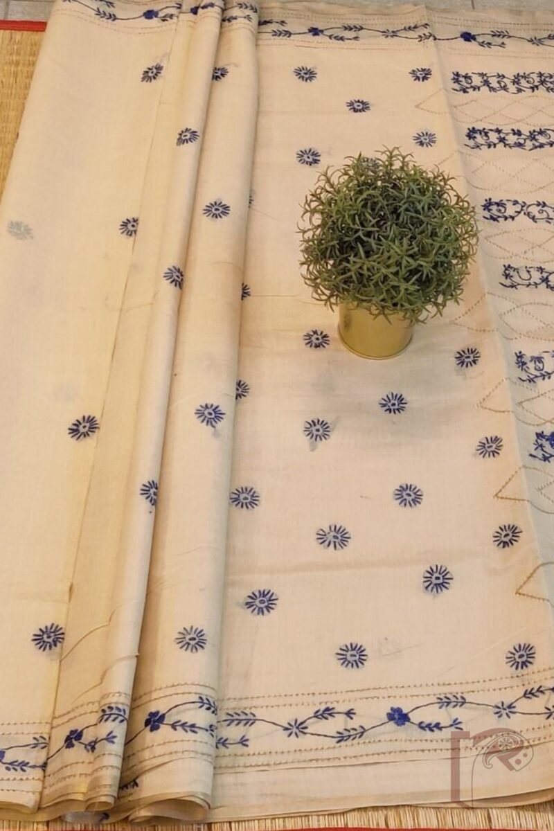 Chanderi Charisma – Cream Chanderi Silk Saree with Blue Kantha Embroidery and Perforated Floral Mango Design - Image 6
