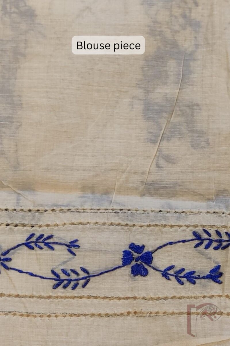 Chanderi Charisma – Cream Chanderi Silk Saree with Blue Kantha Embroidery and Perforated Floral Mango Design - Image 8