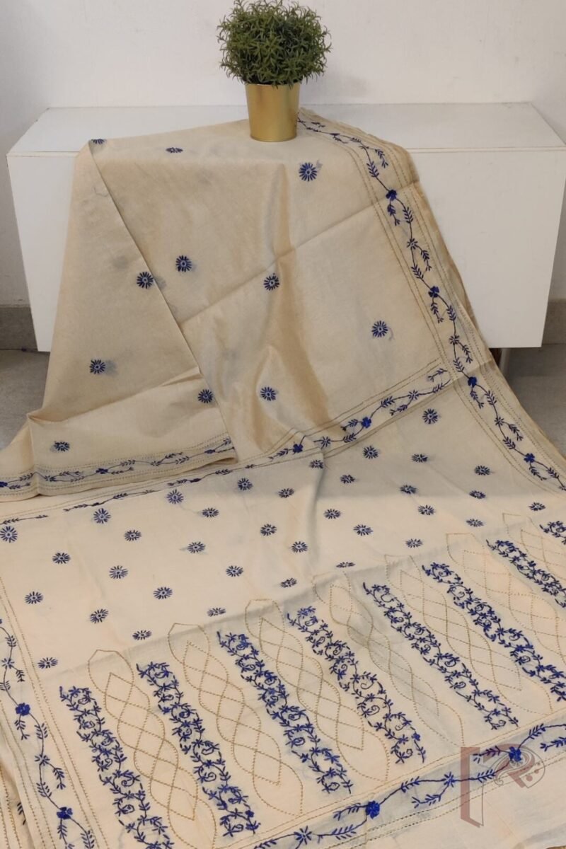 Chanderi Charisma – Cream Chanderi Silk Saree with Blue Kantha Embroidery and Perforated Floral Mango Design