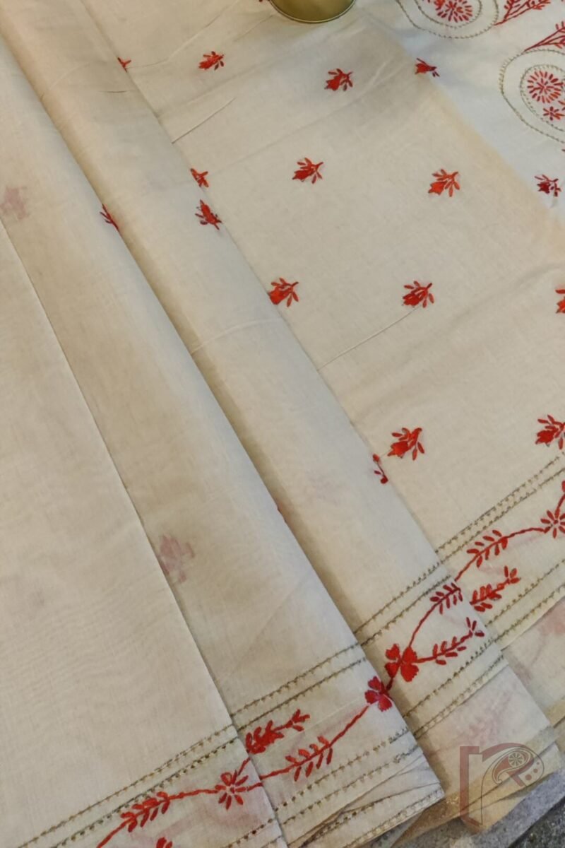 Chanderi Charisma – Cream Chanderi Silk Saree with Red Kantha Embroidery and Perforated Floral Mango Motifs - Image 5