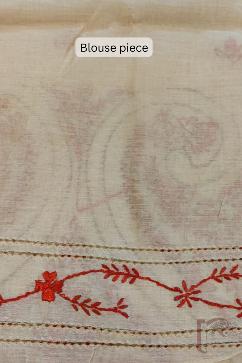Chanderi Charisma – Cream Chanderi Silk Saree with Red Kantha Embroidery and Perforated Floral Mango Motifs - Image 8