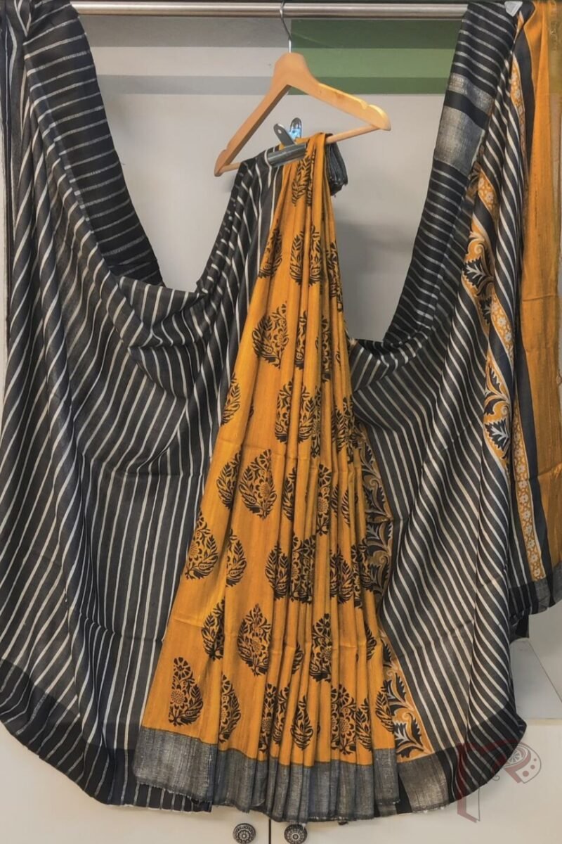 Tussar Tales – Mustard and Black Gicha Tussar Silk Saree with Leaf Block Print and Cream-Black Striped Pallu - Image 2