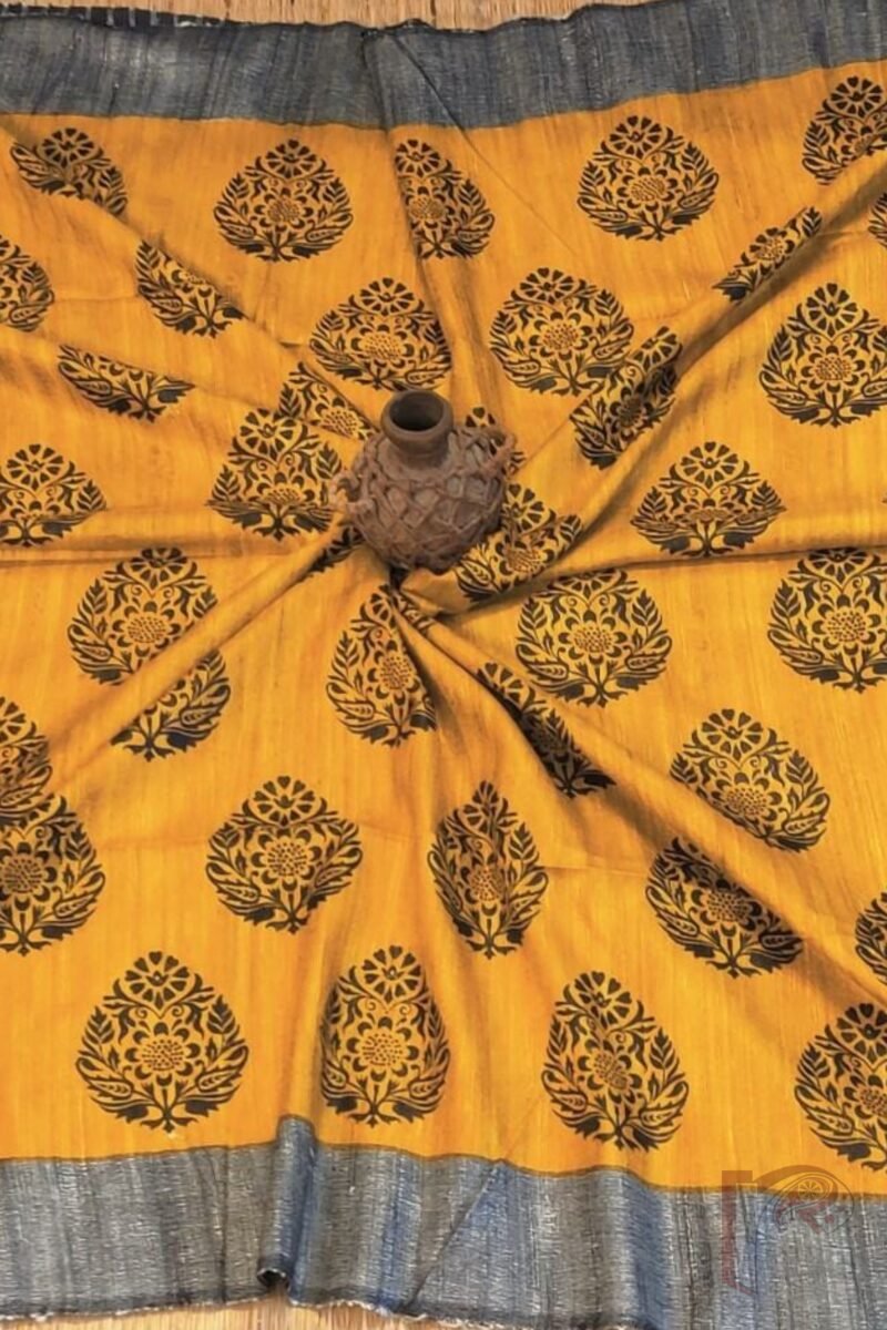Tussar Tales – Mustard and Black Gicha Tussar Silk Saree with Leaf Block Print and Cream-Black Striped Pallu - Image 3