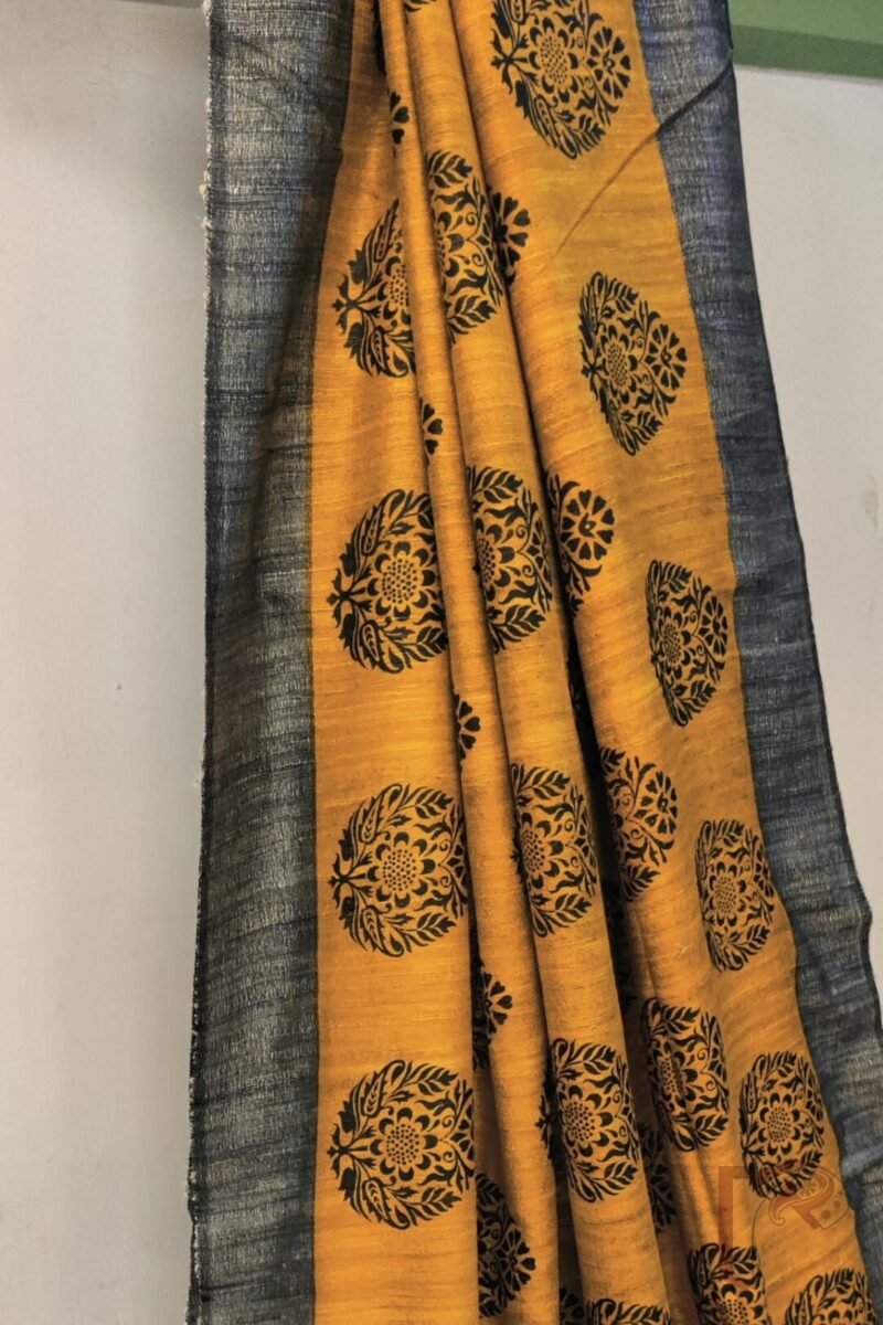 Tussar Tales – Mustard and Black Gicha Tussar Silk Saree with Leaf Block Print and Cream-Black Striped Pallu - Image 4