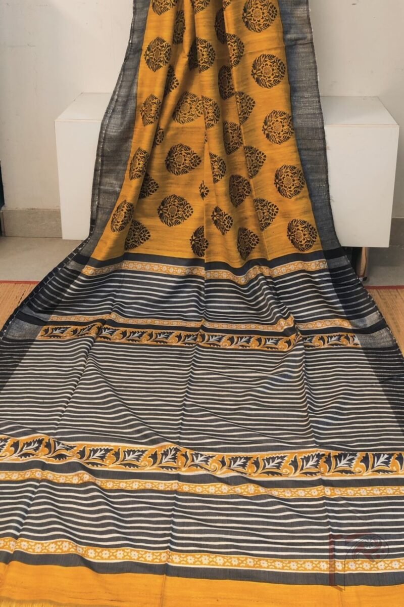 Tussar Tales – Mustard and Black Gicha Tussar Silk Saree with Leaf Block Print and Cream-Black Striped Pallu - Image 5